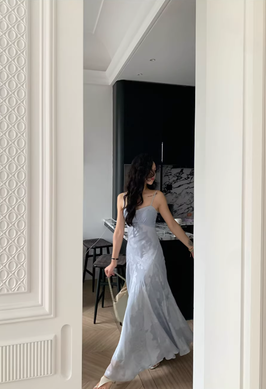 Elegant A Line Spaghetti Strap Printed Floral Satin Prom Dress Date Dress DP4755