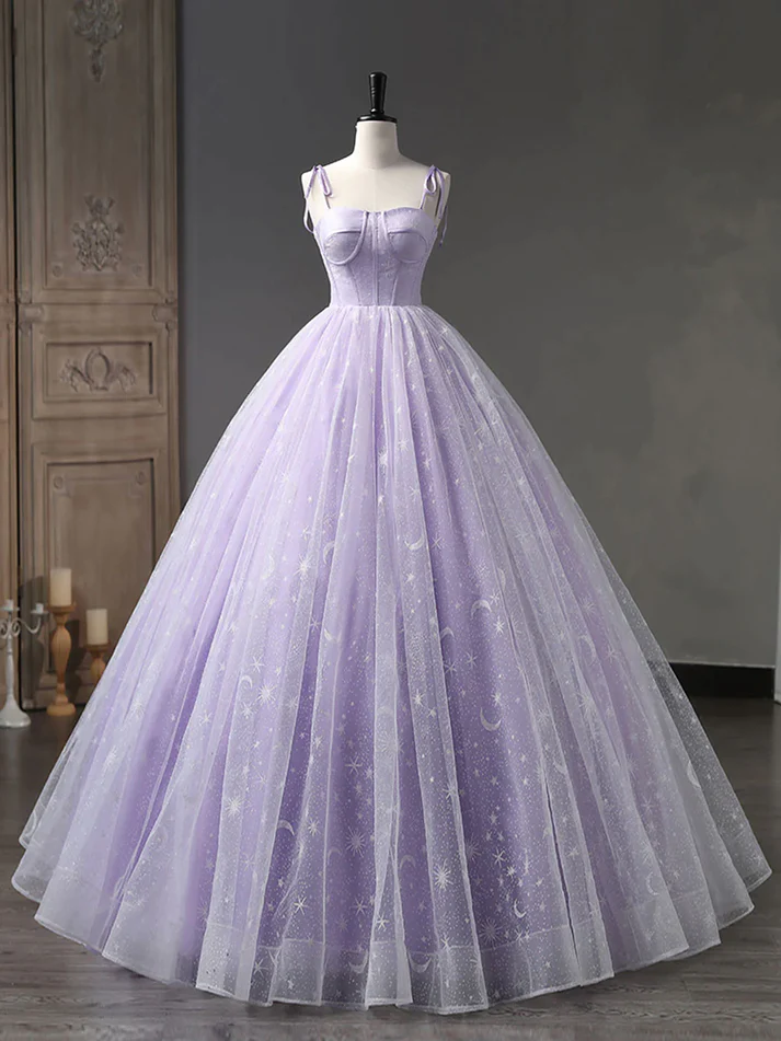 Star and Moon Fantasy Tulle A-Line Long Evening Dress, Sweet 16 Purple  Prom Dress Quinceanera Dress DP009