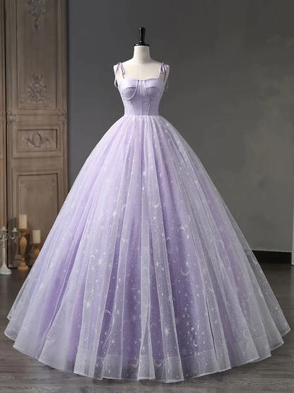 Star and Moon Fantasy Tulle A-Line Long Evening Dress, Sweet 16 Purple  Prom Dress Quinceanera Dress DP009