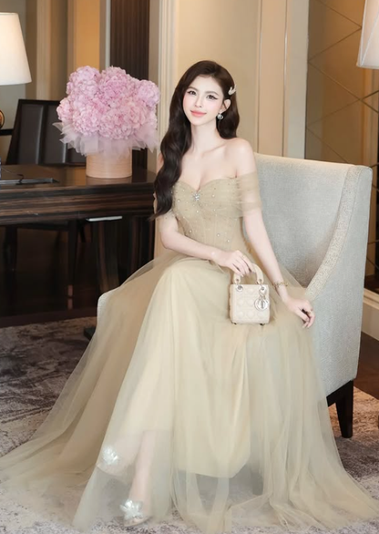 Light Brown A Line Off the Shoulder Beaded Tulle Prom Dress Evening Dress DP5927