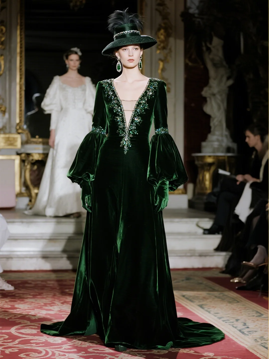 Vintage A Line Long Sleeve V Neck Beaded Velvet Prom Dress Evening Dress DP4657