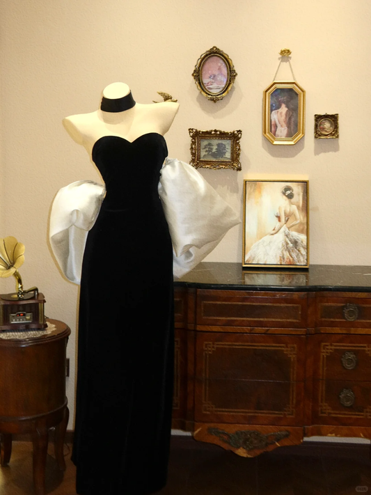 Elegant Sheath Sweetheart Neck Black Velvet White Satin Prom Dress 16th Birthday Dress DP3908