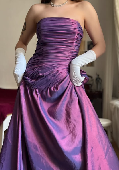 Vintage A Line Strapless Pleated Purple Satin Prom Dress Evening Dress DP5721