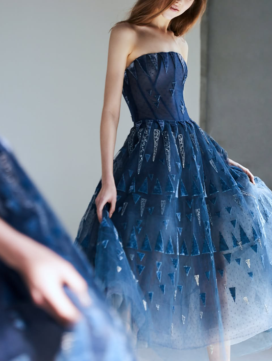 Elegant A Line Strapless Blue Tulle Long Prom Dress Evening Dress DP1537
