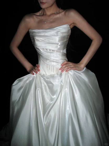 Pretty Ball Gown Strapless Corset Pleated White Satin Long Wedding Dress DP8093