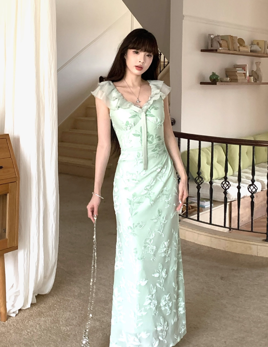Sage Green Gentle Sheath Straps Chiffon Long Evening Dress Party Dress DP3423