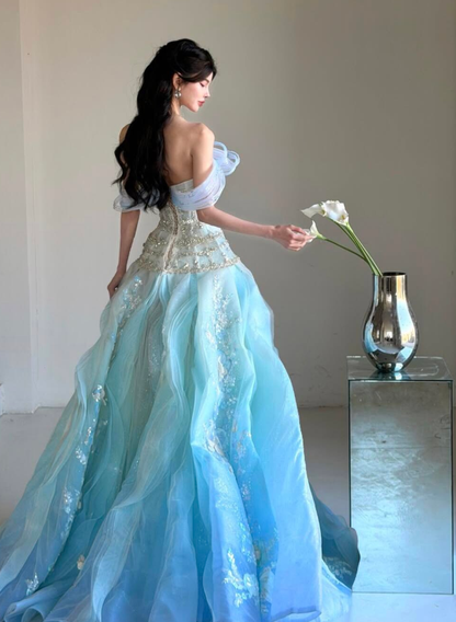 Charming Blue Ombre Ball Gown Exquisite Beaded Organza Prom Dress Quinceanera Dress DP6602