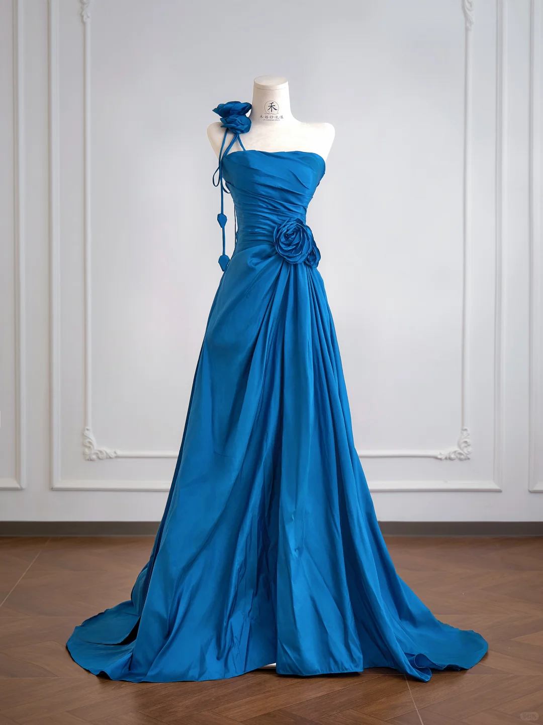 Classic Blue Ball Gown One Shoulder Floral Satin Prom Dress Wedding Guest Dress DP3877