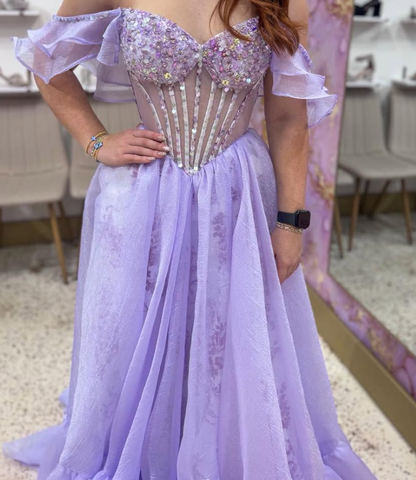 Princess Purple A Line Off the Shoulder Beaded Corset Tulle Prom Dress Party Evening Dress DP6290