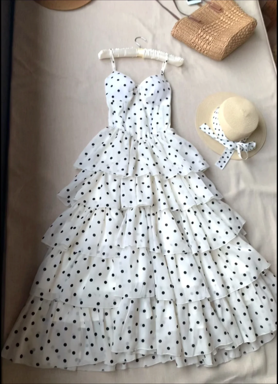 Cute A Line Spaghetti Strap Polka Dot Tiered Chiffon Party Dress Evening Dress DP2414