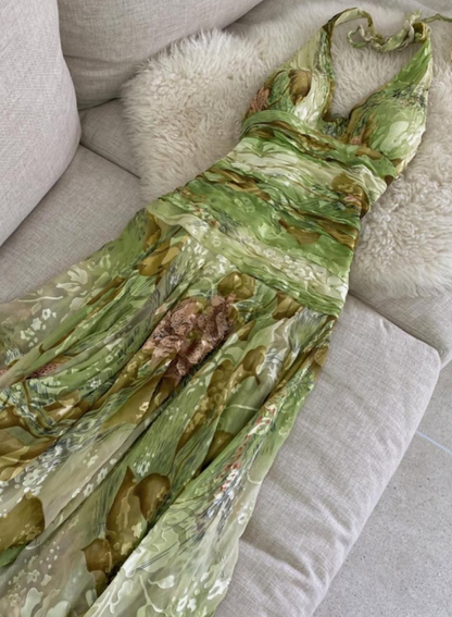Vintage A Line Halter Green Satin Open Back Prom Dress Evening Dress DP1529