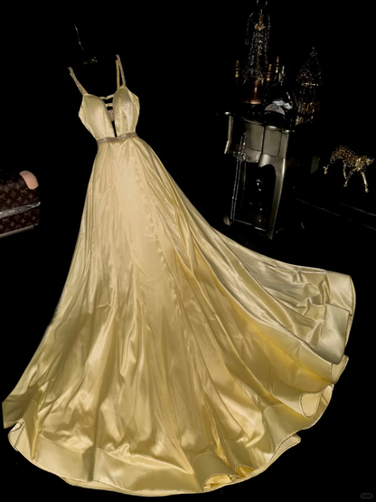 Vintage Yellow Beaded Simple Satin Prom Dress Party Evening Dress DP5352