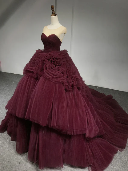 Gorgeous Ball Gown Sweetheart Tulle Burgundy Sweet 16 Dress Quinceanera Dress DP521