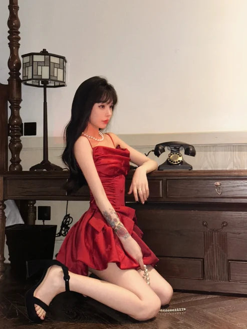Sexy Red Bow A Line Spaghetti Strap Satin Short Homecoming Dress Outfits DP6396
