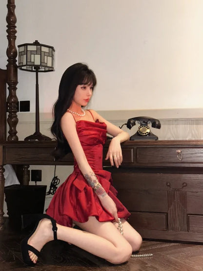 Sexy Red Bow A Line Spaghetti Strap Satin Short Homecoming Dress Outfits DP6396
