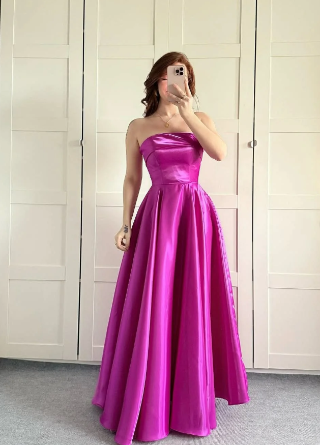 Princess Pink A Line Strapless Satin Prom Dress Evening Dress DP5261