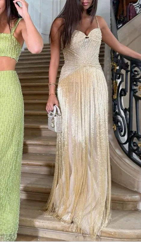 Gold A Line Spaghetti Straps Beaded Satin Long Prom Dress Evening Dress DP4807