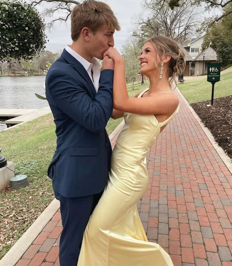 Simple Mermaid V Neck Yellow Satin Open Back Long Prom Dress Evening Dress DP1552