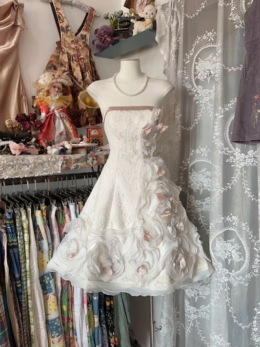 Vintage A Line Strapless Flower White Lace Short Homecoming Dress Cocktail Dress DP2486
