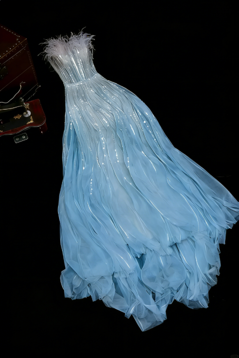 Pink A Line Strapless Sequin Feather Tulle Long Prom Dress Evening Dress DP2062