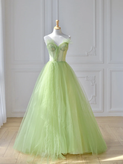 Green A Line Sweetheart Neck Beaded Tulle Long Prom Dress Party Dress DP2723