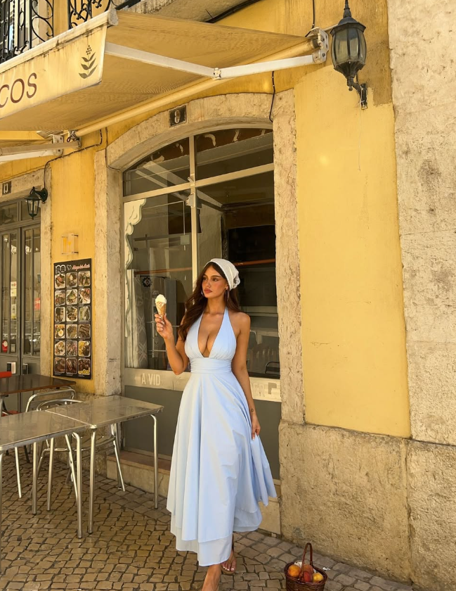 Sweety Baby Blue A Line Halter Satin Backless Prom Dress Outfits DP4929