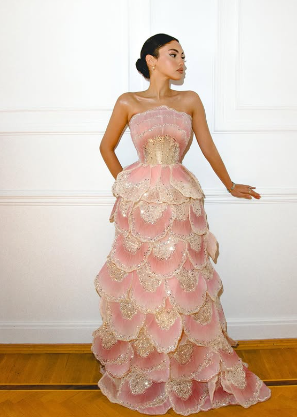 Pretty Pink Ball Gown Strapless Layered Beaded Tulle Long Prom Dress Evening Dress DP6061