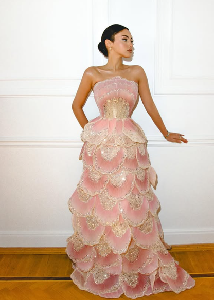 Pretty Pink Ball Gown Strapless Layered Beaded Tulle Long Prom Dress Evening Dress DP6061