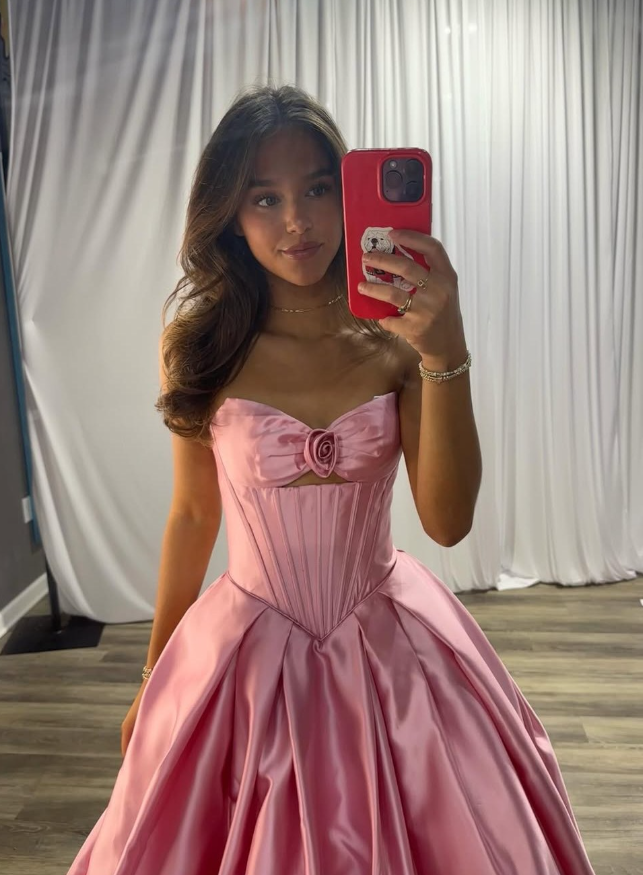 Pink Princess A Line Sweetheart Neck Satin Long Prom Dress Evening Dress DP6793