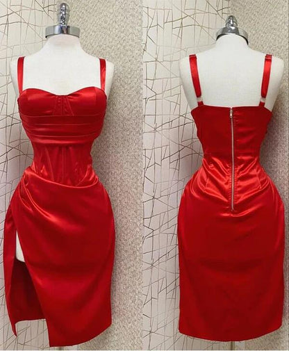 Red Sweetheart Neckline Slit Satin Homecoming Dress Midi Prom Dress DP129