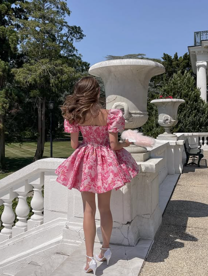 Pink A Line Puff Print Floral Satin Short Cute Homecoming Dress DP4442