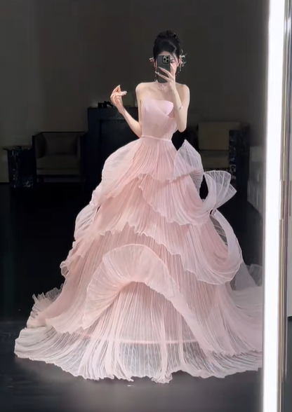 Unique A Line Strapless Layered Pink Organza Long Party Dress Prom Dress DP2507