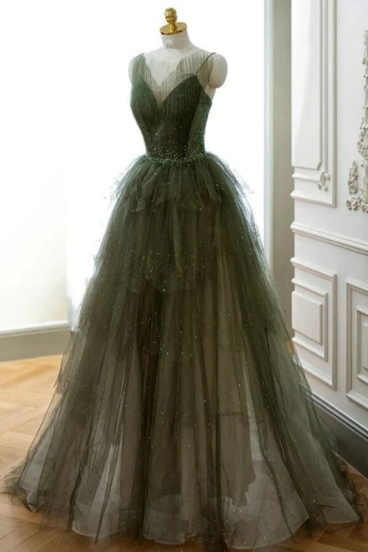 Dark Green V Neck Beaded Layered Lace Tulle Long Prom Dress Formal Graduation Evening Dress DP703