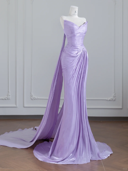 Purple Mermaid Sweetheart Neck Pleated Satin Long Prom Dress Party Dress DP3873