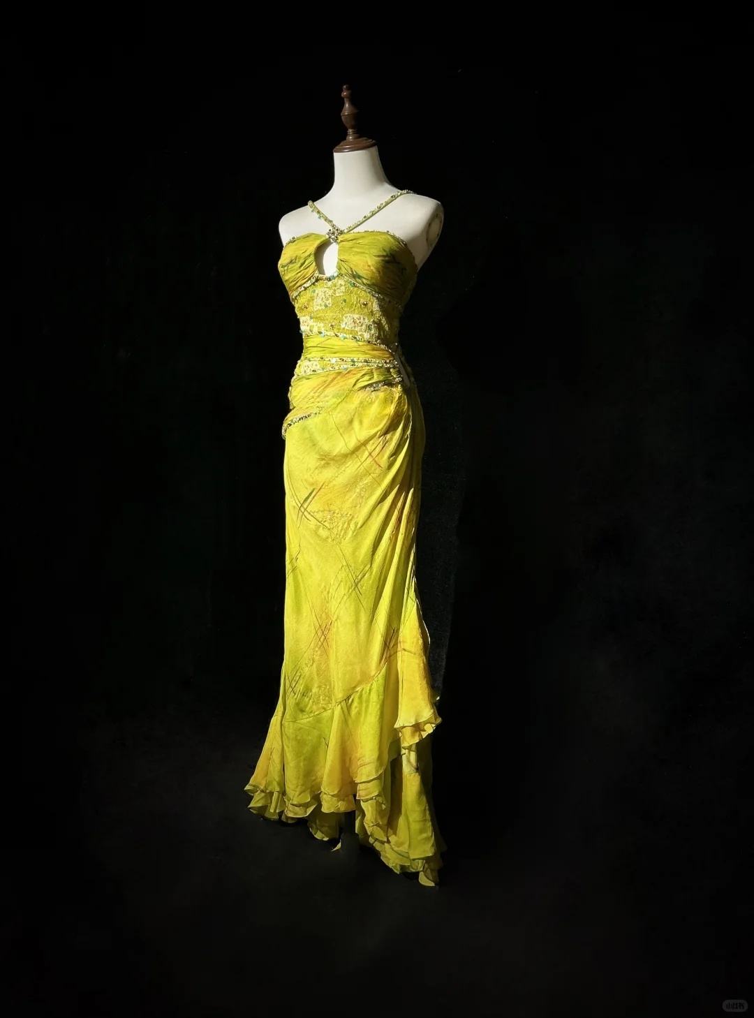 Vintage Mermaid Halter Beaded Yellow Print Flower Chiffon Prom Dress Party Dress DP2764