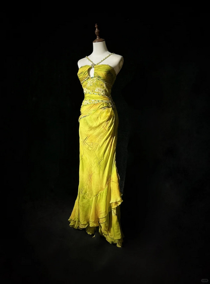 Vintage Mermaid Halter Beaded Yellow Print Flower Chiffon Prom Dress Party Dress DP2764