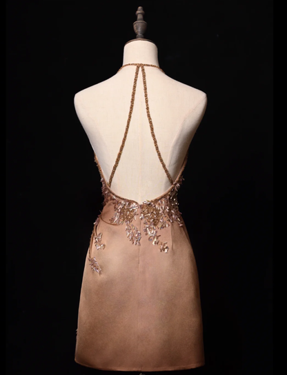 Vintage Brown A Line Straps Beaded Sequin Satin Short Homecoming Dress DP4469