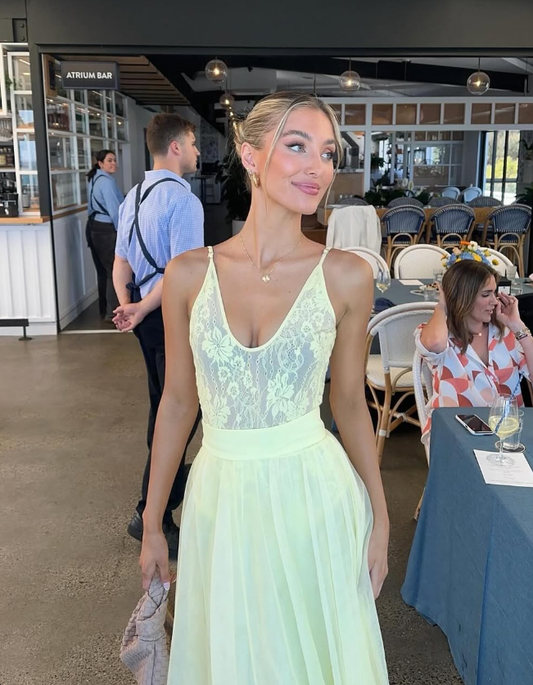 Light Yellow A Line Spaghetti Straps Lace Tulle Long Prom Dress Evening Dress DP1471