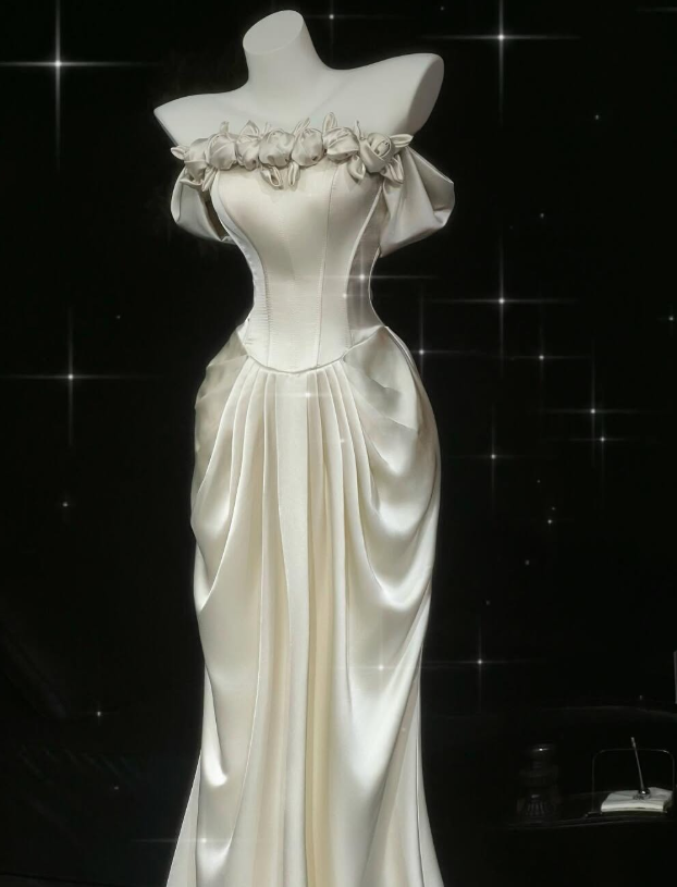 Gentle Ivory Mermaid Off the Shoulder Rose Satin Prom Dress Wedding Dress DP6627