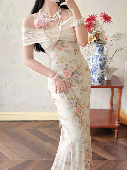 Gentle Print Floral Mermaid Off the Shoulder Ivory Chiffon Prom Dress Evening Dress DP6457