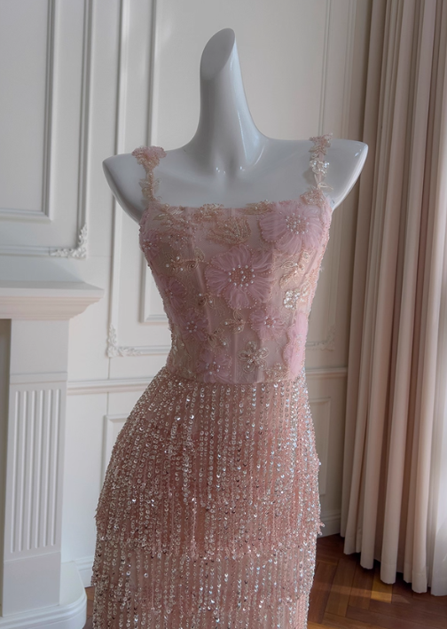 Gentle Pink Sheath Straps Exquisite Beaded Tulle Prom Dress Party Dress Date Dress DP4460