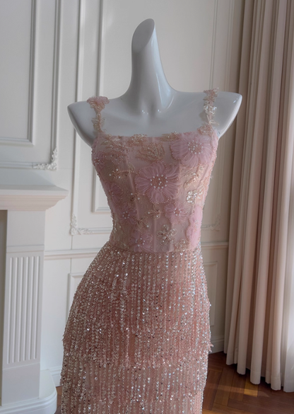 Gentle Pink Sheath Straps Exquisite Beaded Tulle Prom Dress Party Dress Date Dress DP4460