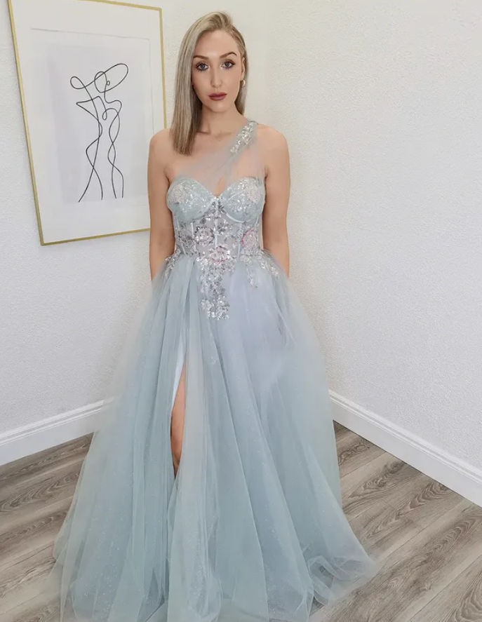 Light Blue A Line One Shoulder Appliques Tulle Long Prom Dress Evening Dress DP6768