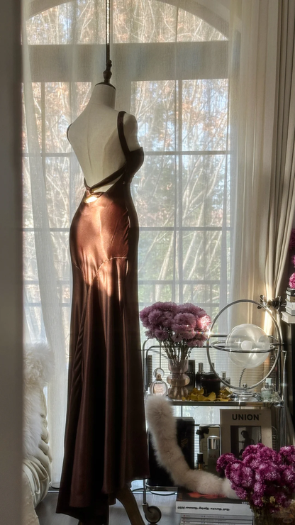 Sexy Mermaid Halter Brown Satin Long Open Back Party Dress Evening Dress DP2475