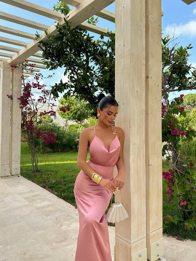 Gentle Pink Sheath Halter Satin Backless Long Prom Dress Party Dress DP8207