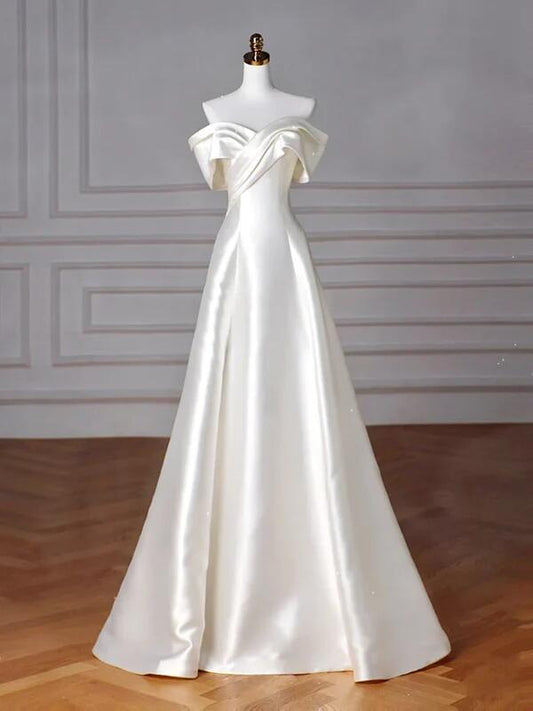 White Off The Shoulder Satin A Line Long Prom Dress DP030