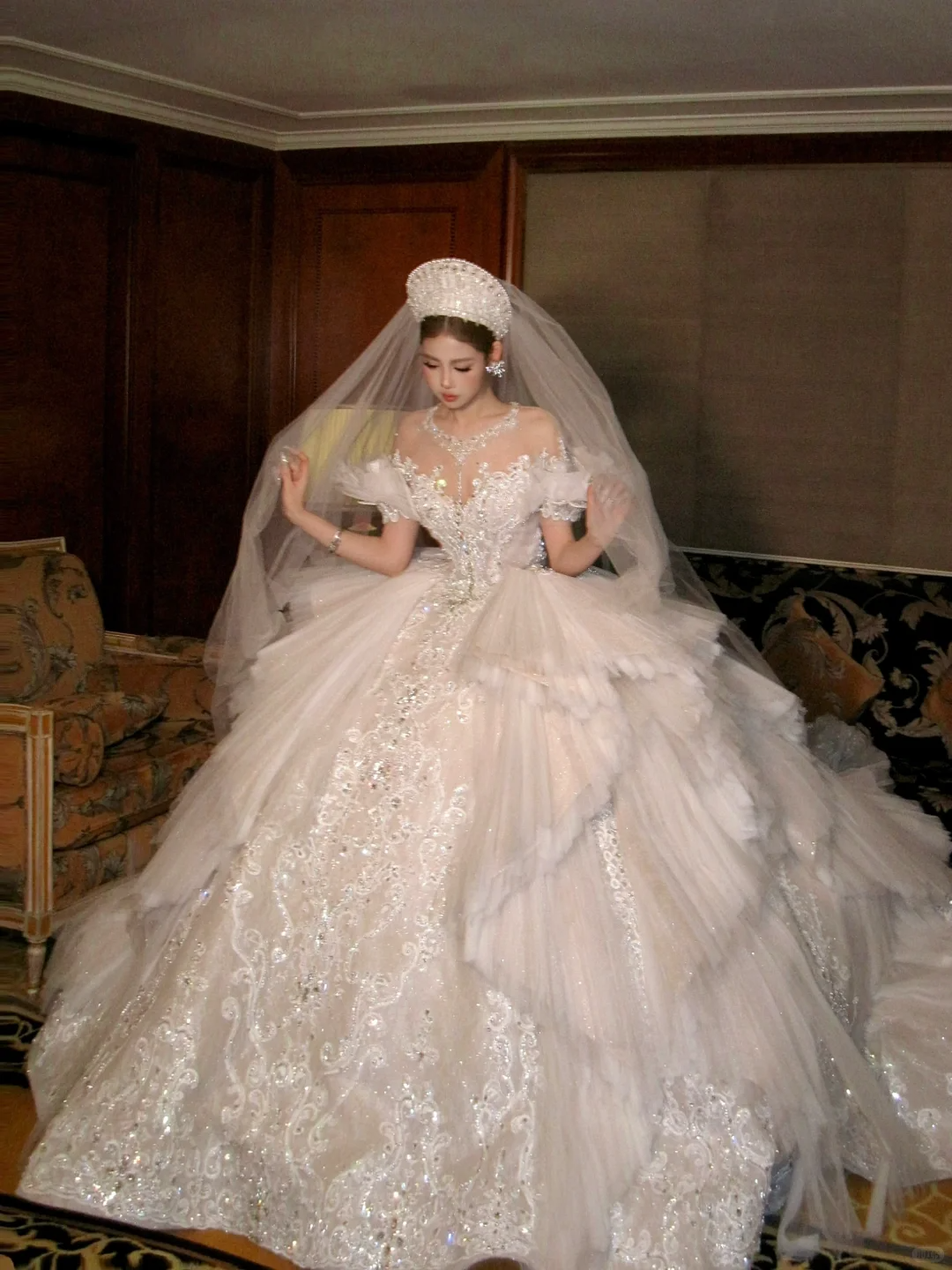 Exquisite Ball Gown Off the Shoulder Beaded Sequin White Tulle Prom Dress Wedding Dress DP4243