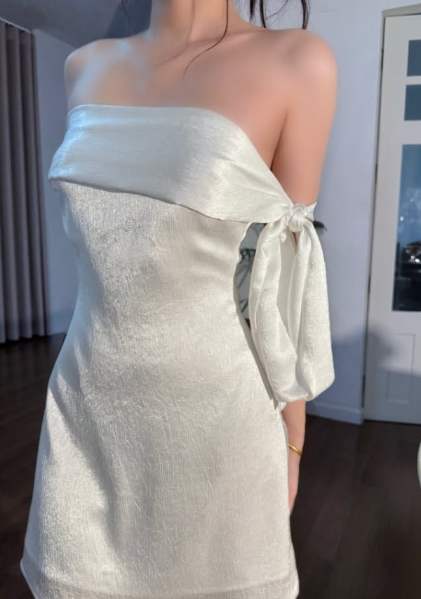 Pearl White A Line Off the Shoulder Satin Short Prom Dress Homecoming Dress DP7930