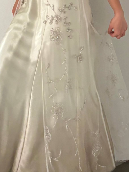 Vintage Unique A Line Spaghetti Strap Beaded Satin Tulle Prom Dress DP4827