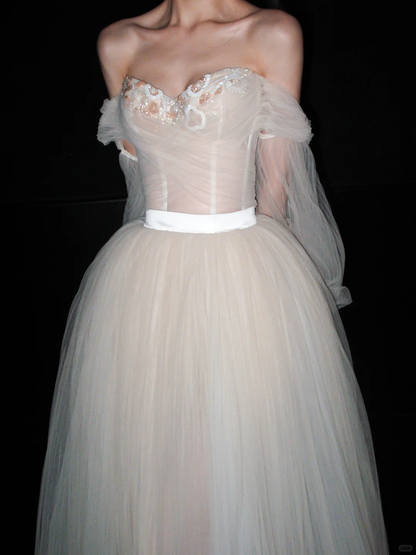Dreamy A Line Long Sleeve Beaded Tulle Long Prom Dress Wedding Dress DP6364